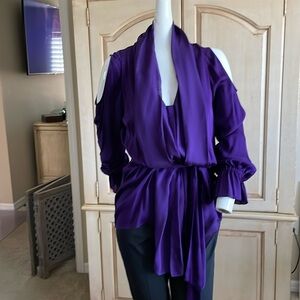 Rachel Zoe Silk Drape Neck & Front Balloon Sleeve Ruffle Wrist Blouse Top NWOT 6